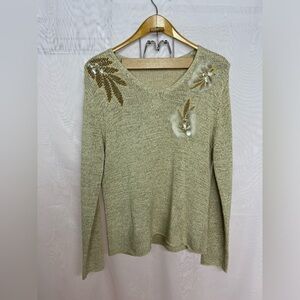 Vintage CPM Collection metallic sweater with beading and faux fur details.